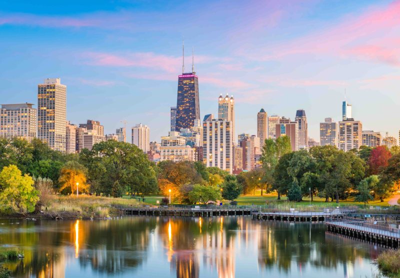 Chicago, Illinois, USA downtown skyline from Lincoln Park at twilight.